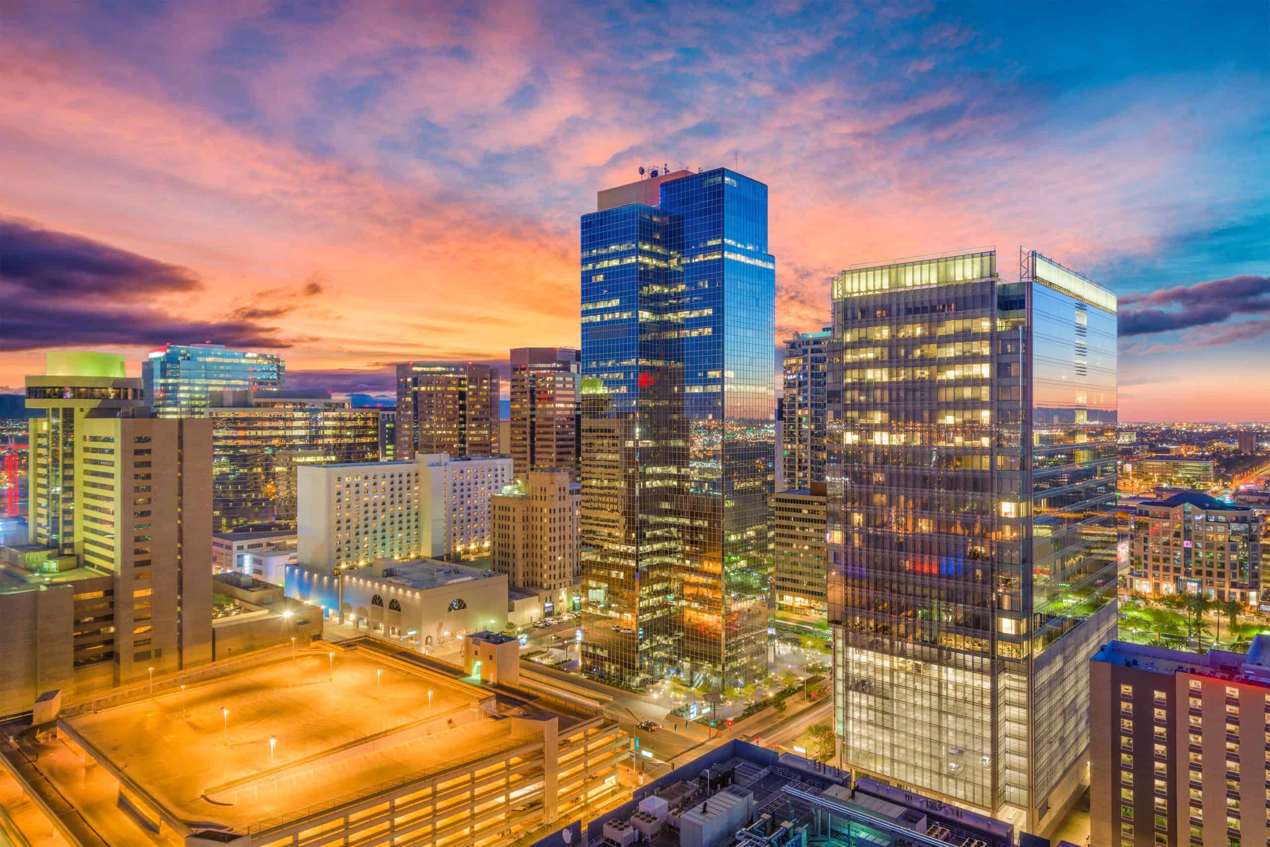 City skyline at sunset